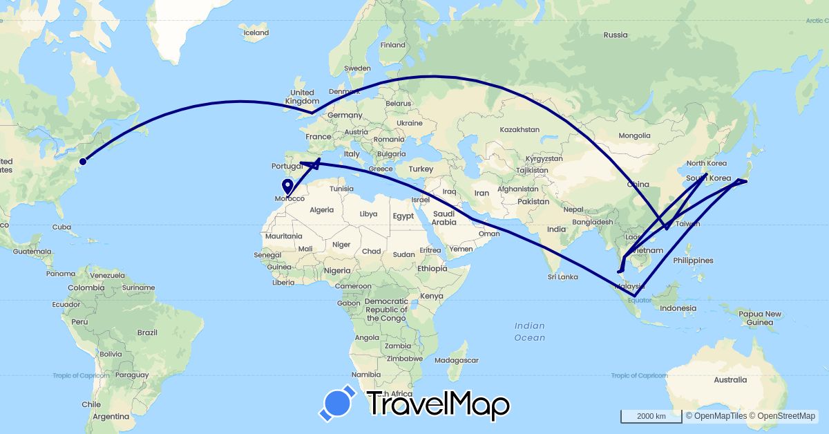TravelMap itinerary: driving in China, Spain, United Kingdom, Japan, South Korea, Morocco, Qatar, Singapore, Thailand, United States (Africa, Asia, Europe, North America)