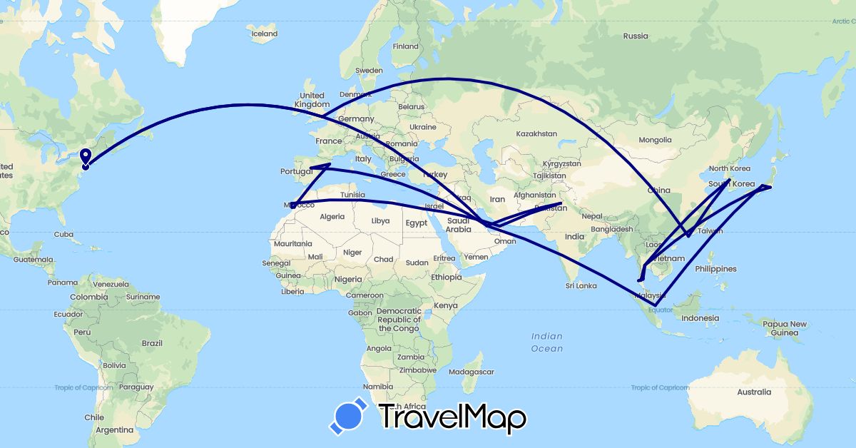 TravelMap itinerary: driving in United Arab Emirates, China, Egypt, Spain, United Kingdom, Japan, South Korea, Morocco, Pakistan, Qatar, Singapore, Thailand, Turkey, United States (Africa, Asia, Europe, North America)